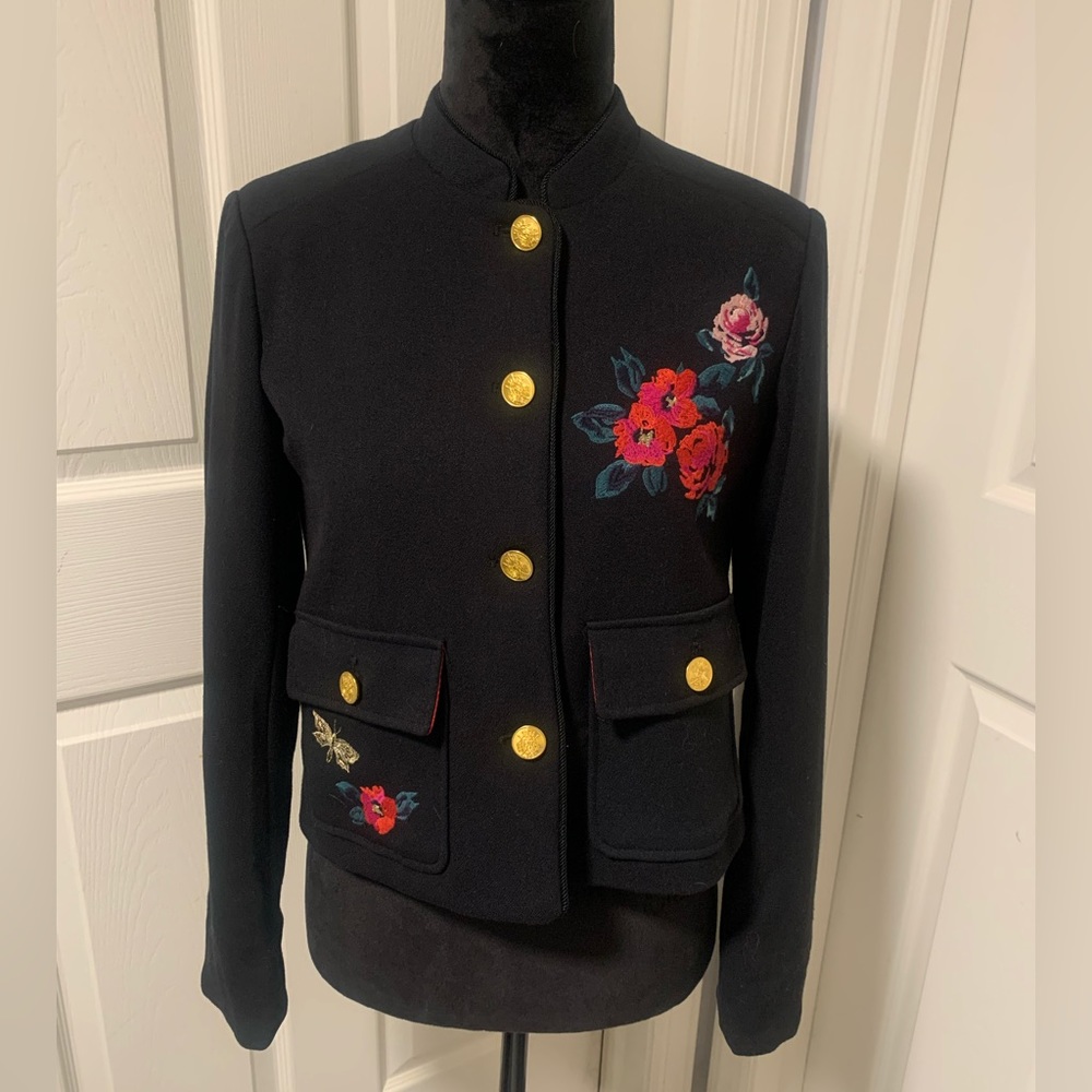 A New Day Black Floral Embroidered Military Blazer Gold Button Statement Jacket